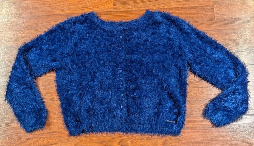 Cop. Copine Fuzzy Blue Cardigan Sweater Women Size M Shaggy Eyelash Knit Cropped